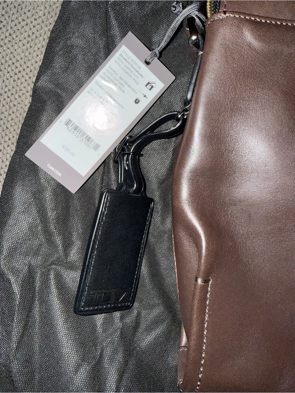 Tumi Dark Brown Leather Messenger Bag with Black Strap
